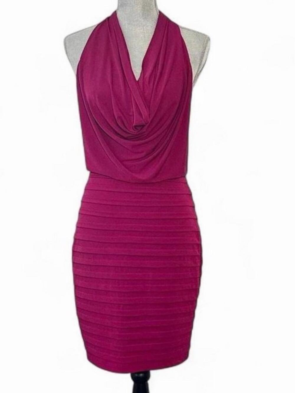 y2k bandage dress women small 6 halter cowl neckline glam cocktail magenta